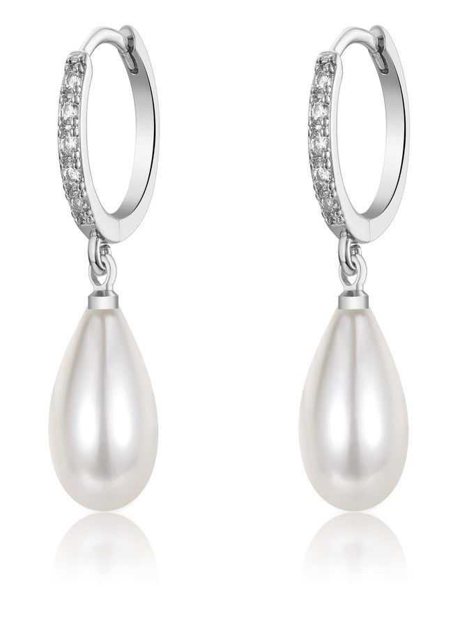 EPIRORA Sterling Silver Simulated Shell Pearl Hoop Earrings Cubic Zirconia Dangle Drop Earrings Jewelry for Women 10mm, Gold (Teardrop) - Image 1